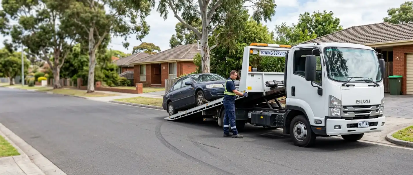 Tow truck operator safely loading an older car for removal